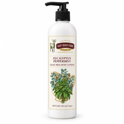 Eucalyptus Peppermint Goat Milk Body Lotion by Soap Shack Farms in an 8 oz pump bottle on a white background