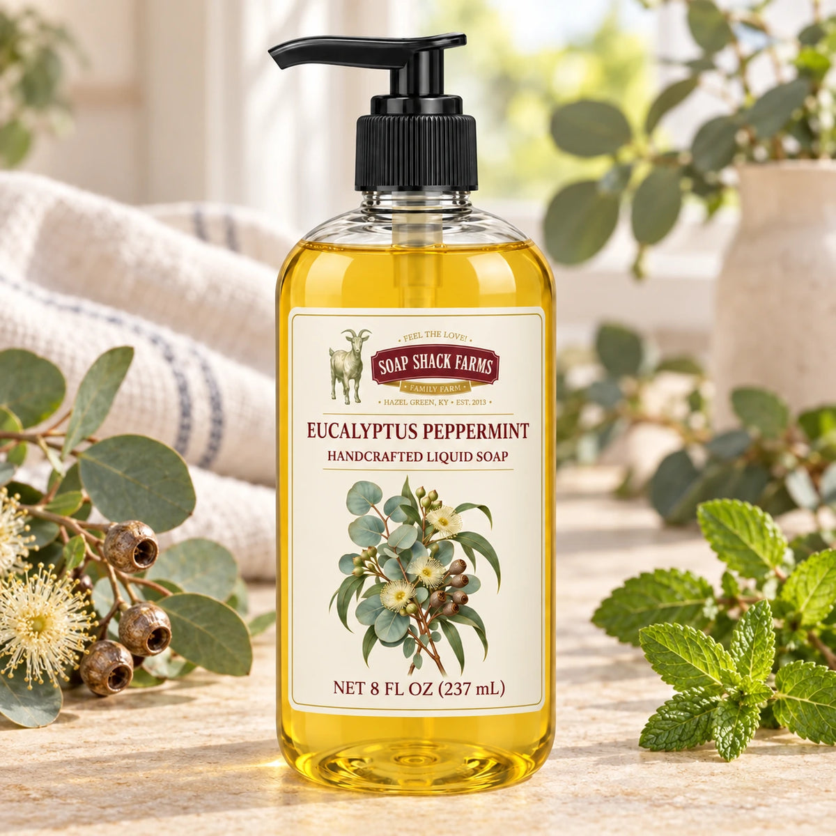 Eucalyptus Peppermint handcrafted liquid soap with eucalyptus branches, peppermint sprigs, seed pods, and farmhouse linen.
