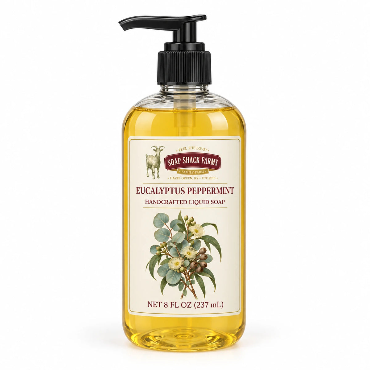 Eucalyptus Peppermint handcrafted liquid soap in a clear 8 oz pump bottle on a white background.