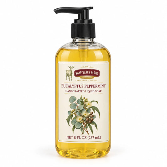 Eucalyptus Peppermint handcrafted liquid soap in a clear 8 oz pump bottle on a white background.