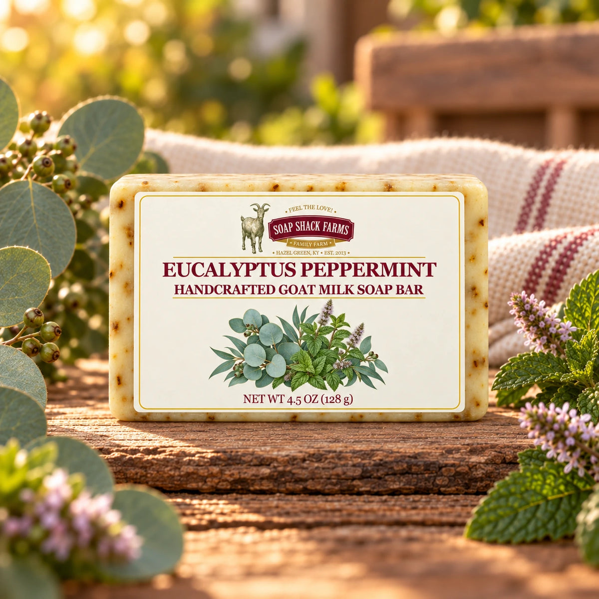 Eucalyptus Peppermint goat milk soap bar with eucalyptus and peppermint on a rustic wooden table.