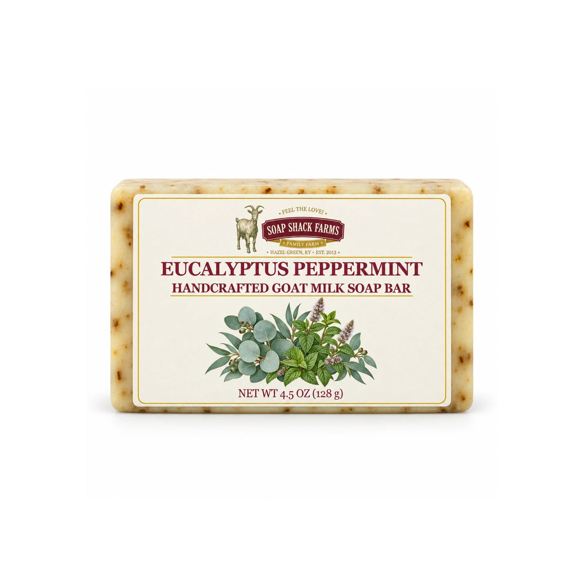 Soap Shack Farms Eucalyptus Peppermint handcrafted goat milk soap bar on a white background.