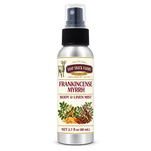 Soap Shack Farms Frankincense Myrrh body and linen mist in a silver 80 mL fine-mist bottle on white.