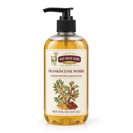 Frankincense and Myrrh handcrafted liquid soap in a clear 8 oz pump bottle on a white background.