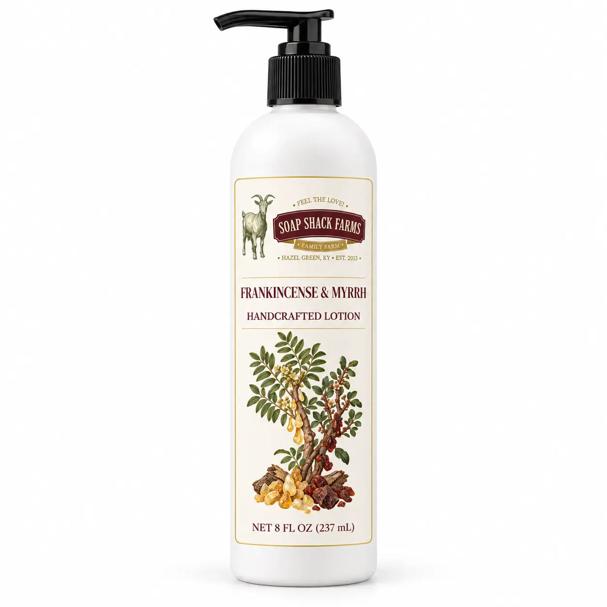 Soap Shack Farms Frankincense and Myrrh Handcrafted Body Lotion, 8 fl oz white pump bottle on a white background