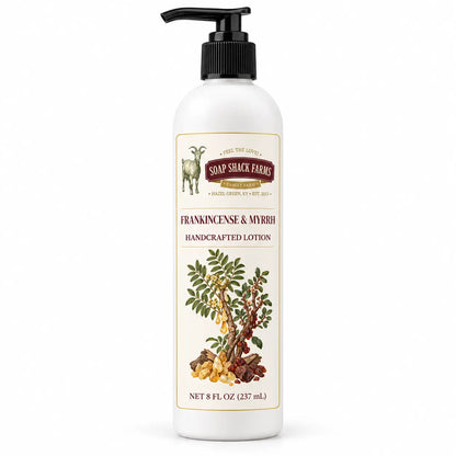 Soap Shack Farms Frankincense and Myrrh Handcrafted Body Lotion, 8 fl oz white pump bottle on a white background