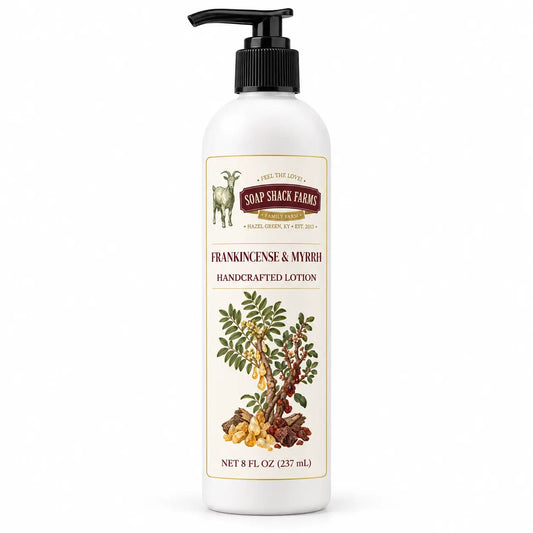 Soap Shack Farms Frankincense and Myrrh Handcrafted Body Lotion, 8 fl oz white pump bottle on a white background