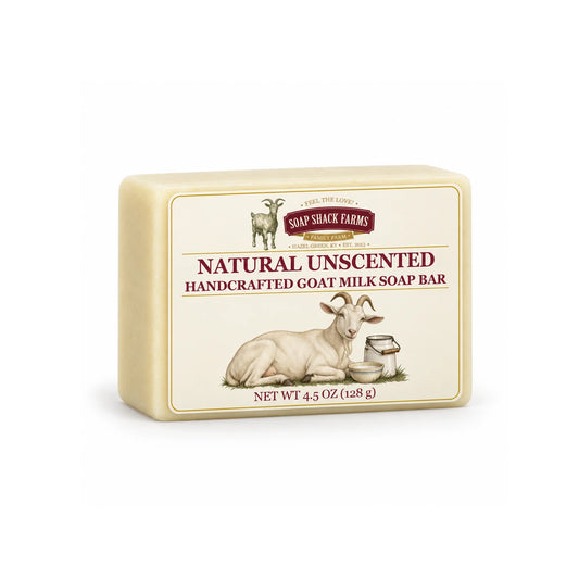Soap Shack Farms Natural Unscented handcrafted goat milk soap bar on a white background.