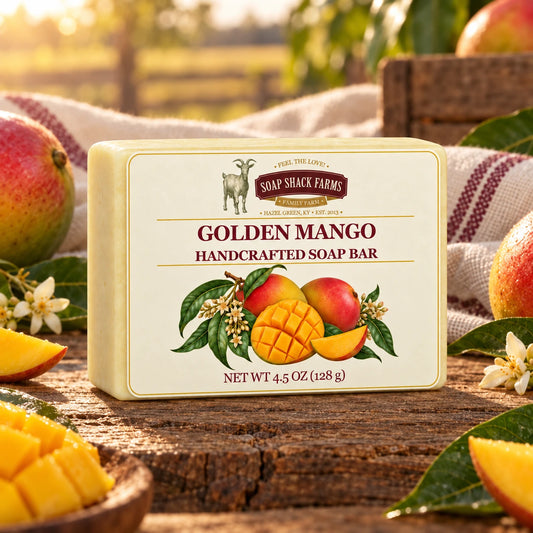 Golden Mango olive oil soap bar on rustic wood with mangoes, sliced fruit, leaves, and farmhouse linen.