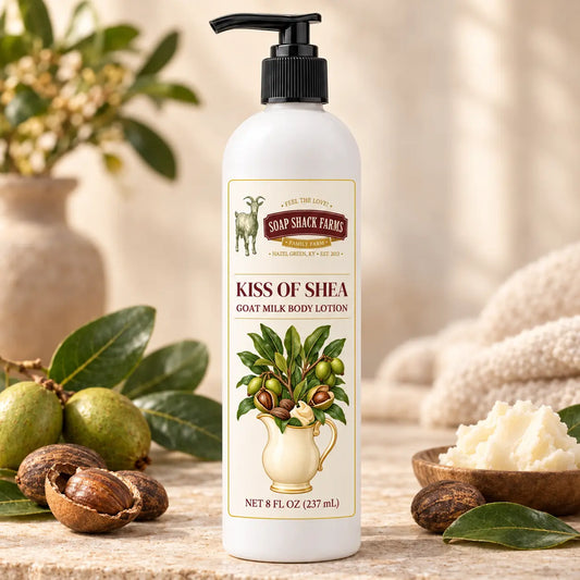 Soap Shack Farms Kiss of Shea Goat Milk Body Lotion with shea fruits, nuts, leaves, and shea butter