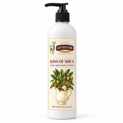 Soap Shack Farms Kiss of Shea Goat Milk Body Lotion, 8 fl oz white pump bottle on a white background