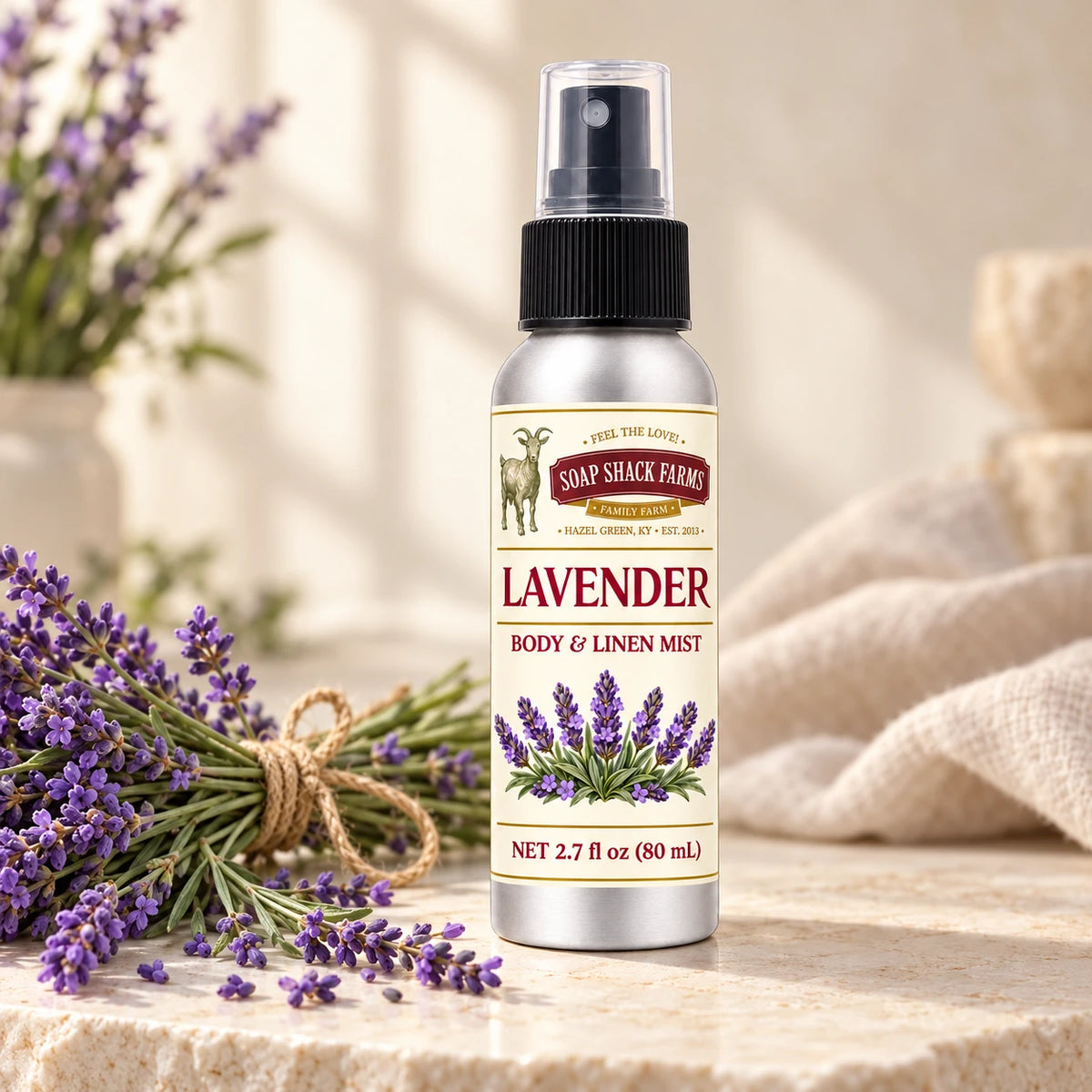 Soap Shack Farms Lavender body and linen mist in a warm botanical studio setting.