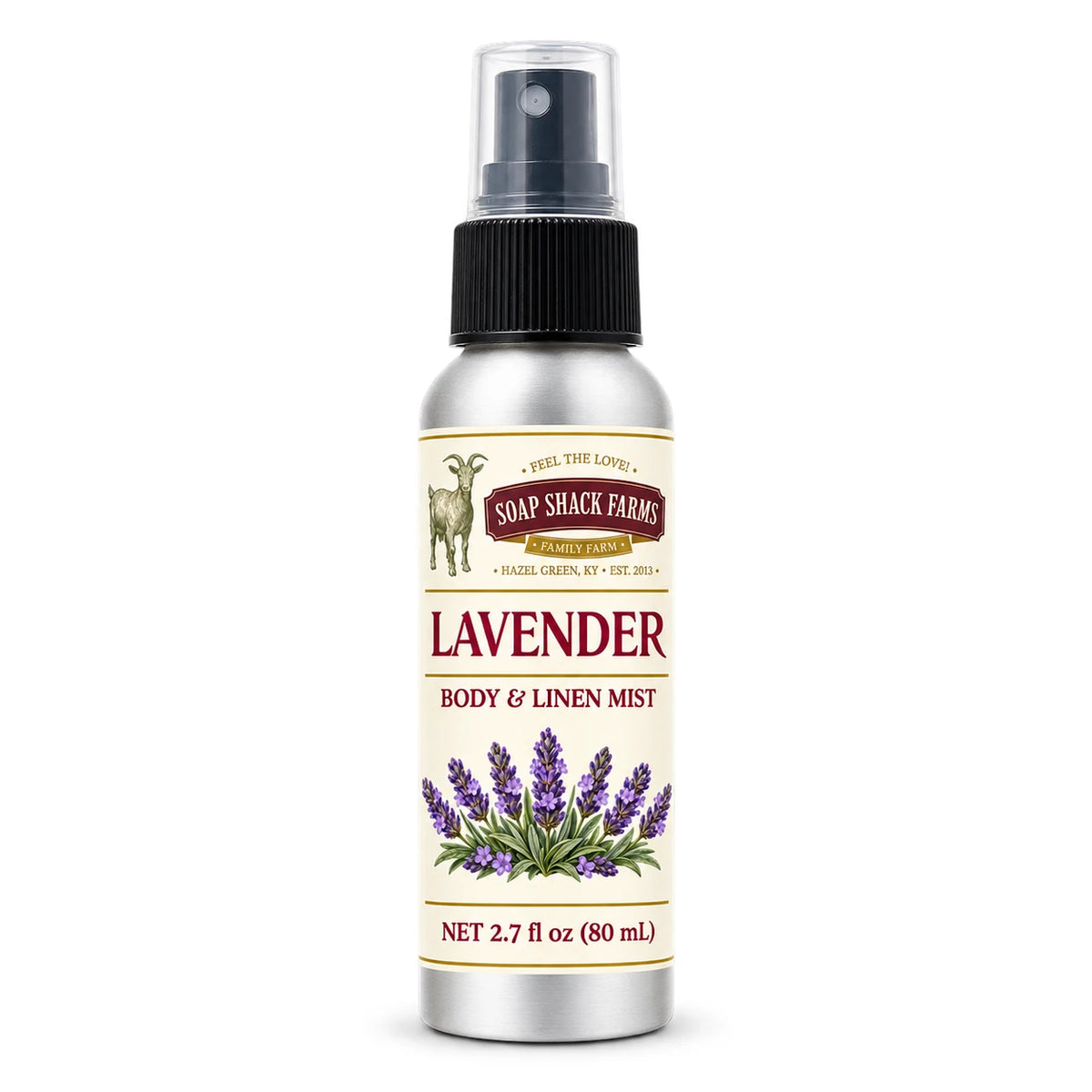 Soap Shack Farms Lavender body and linen mist in a silver 80 mL fine-mist bottle on white.