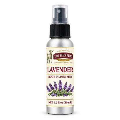 Soap Shack Farms Lavender body and linen mist in a silver 80 mL fine-mist bottle on white.
