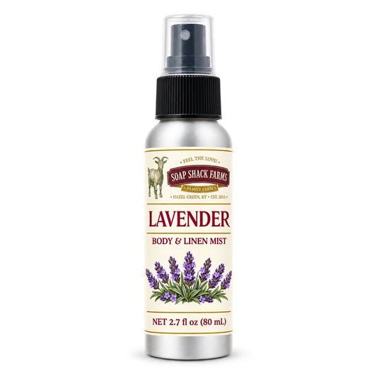 Soap Shack Farms Lavender body and linen mist in a silver 80 mL fine-mist bottle on white.