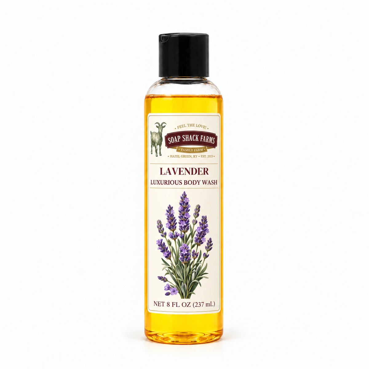 Lavender luxurious body wash in a slender clear 8 oz bottle with a black disc-top cap on a white background.
