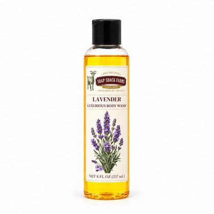 Lavender luxurious body wash in a slender clear 8 oz bottle with a black disc-top cap on a white background.