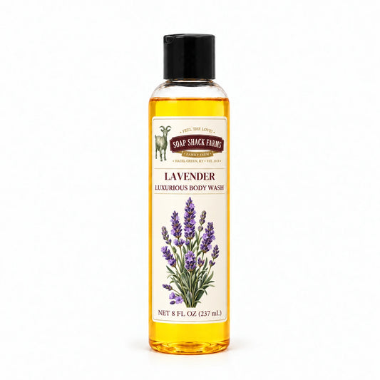 Lavender luxurious body wash in a slender clear 8 oz bottle with a black disc-top cap on a white background.
