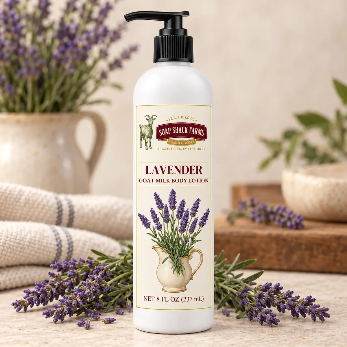 Soap Shack Farms Lavender Goat Milk Body Lotion in an 8 fl oz pump bottle surrounded by lavender sprigs