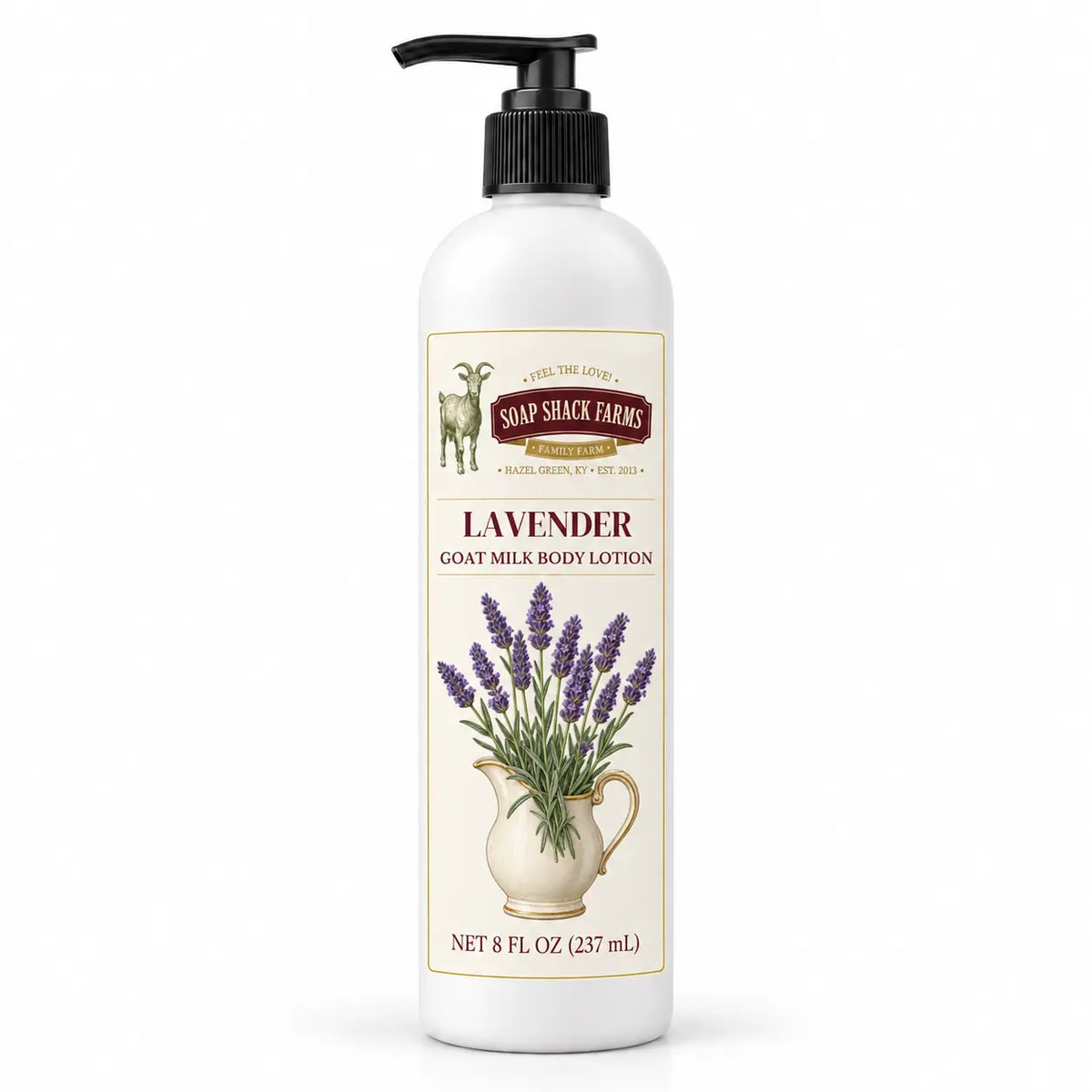 Soap Shack Farms Lavender Goat Milk Body Lotion, 8 fl oz white pump bottle on a white background