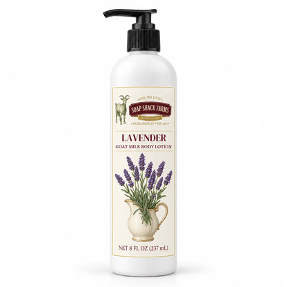 Soap Shack Farms Lavender Goat Milk Body Lotion, 8 fl oz white pump bottle on a white background