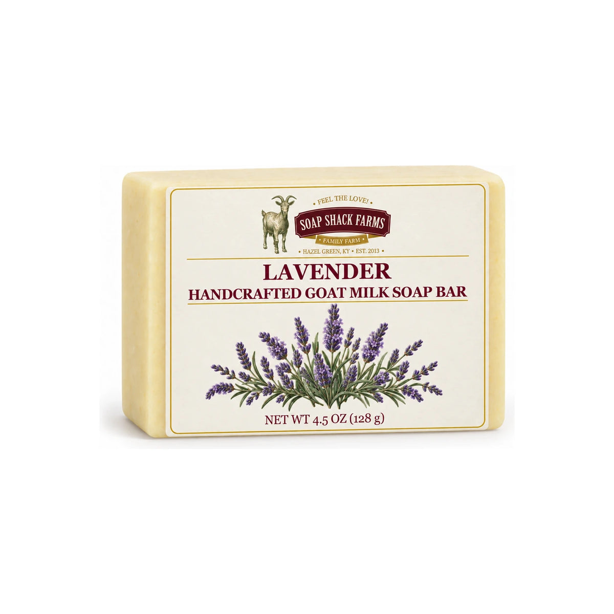 Soap Shack Farms Lavender handcrafted goat milk soap bar on a white background.