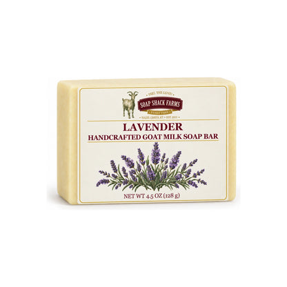 Soap Shack Farms Lavender handcrafted goat milk soap bar on a white background.