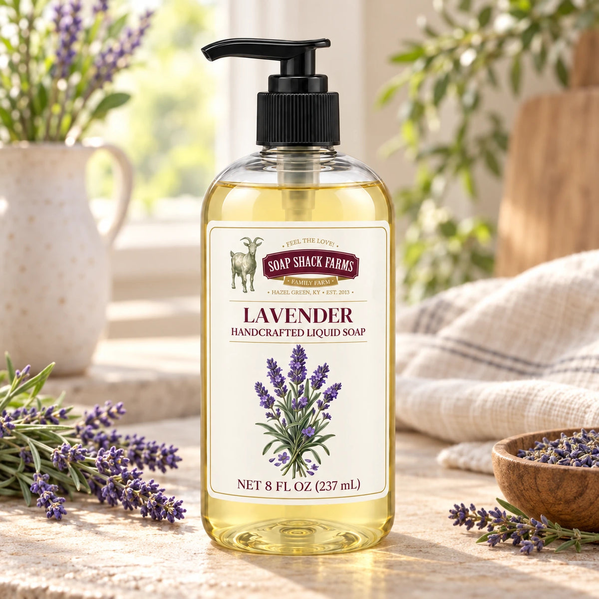 Lavender handcrafted liquid soap with lavender sprigs, dried blossoms, and farmhouse linen in a sunlit setting.