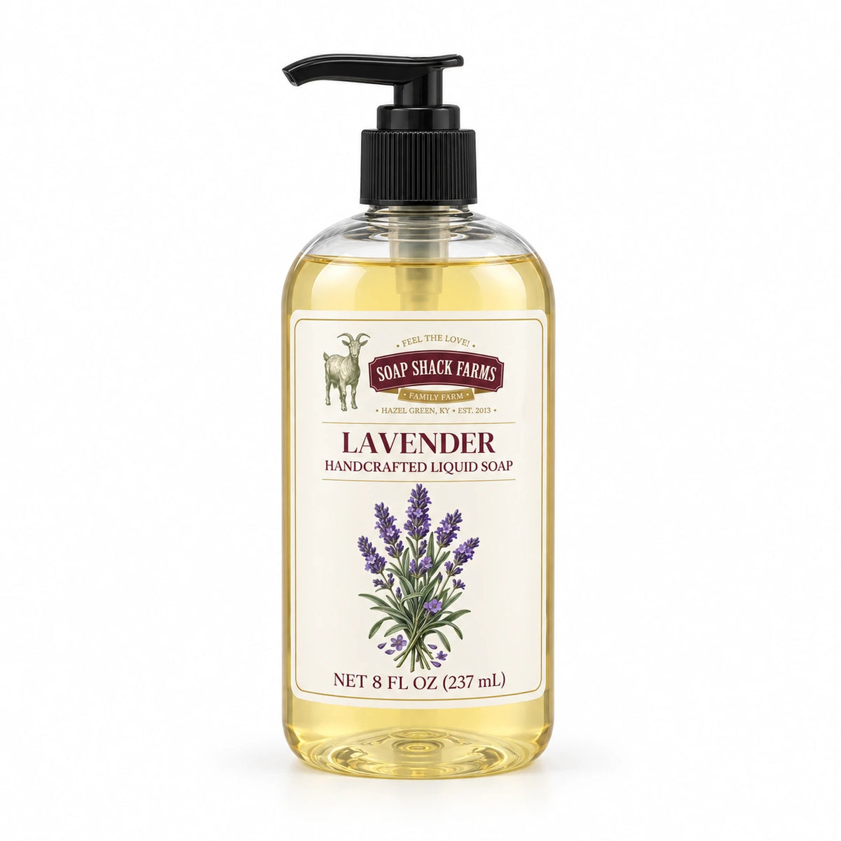Lavender handcrafted liquid soap in a clear 8 oz pump bottle on a white background.