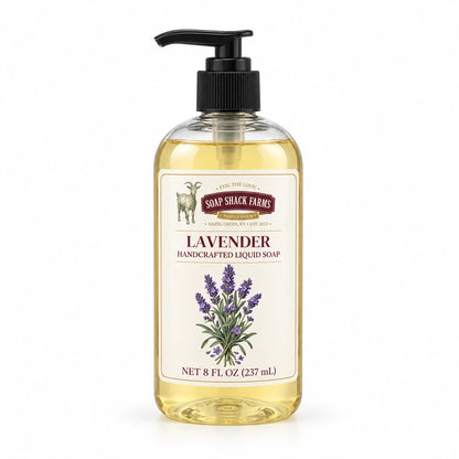 Lavender handcrafted liquid soap in a clear 8 oz pump bottle on a white background.