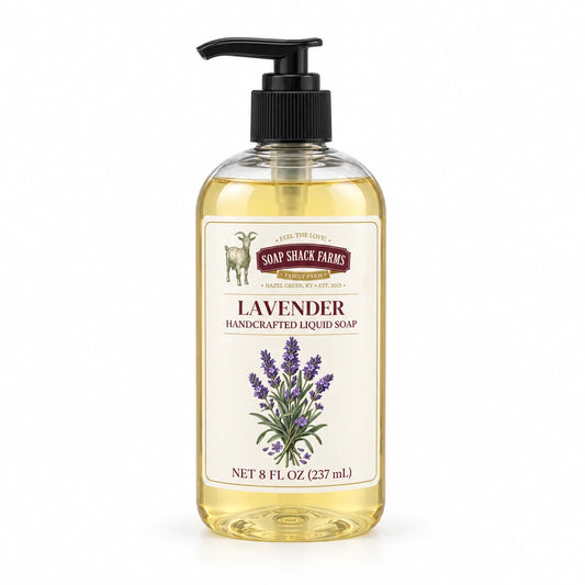 Lavender handcrafted liquid soap in a clear 8 oz pump bottle on a white background.