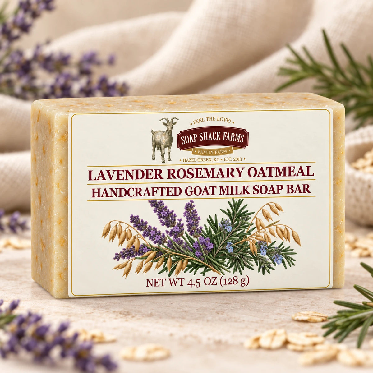 Lavender Rosemary Oatmeal goat milk soap bar with lavender, rosemary, oats, and soft cream linen.