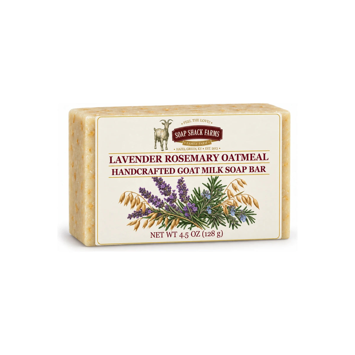 Soap Shack Farms Lavender Rosemary Oatmeal handcrafted goat milk soap bar on a white background.
