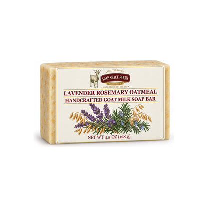 Soap Shack Farms Lavender Rosemary Oatmeal handcrafted goat milk soap bar on a white background.