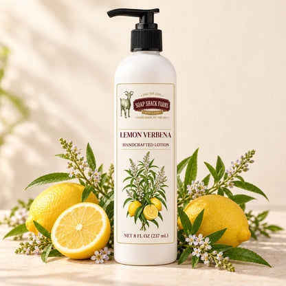 Soap Shack Farms Lemon Verbena Handcrafted Body Lotion, 8 fl oz white pump bottle on a white background