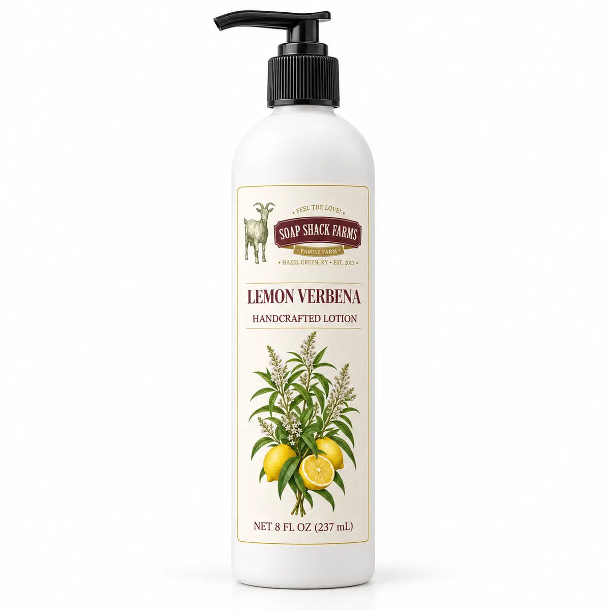Soap Shack Farms Lemon Verbena Handcrafted Body Lotion surrounded by lemons, verbena leaves, and blossoms
