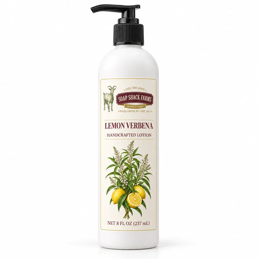 Soap Shack Farms Lemon Verbena Handcrafted Body Lotion surrounded by lemons, verbena leaves, and blossoms