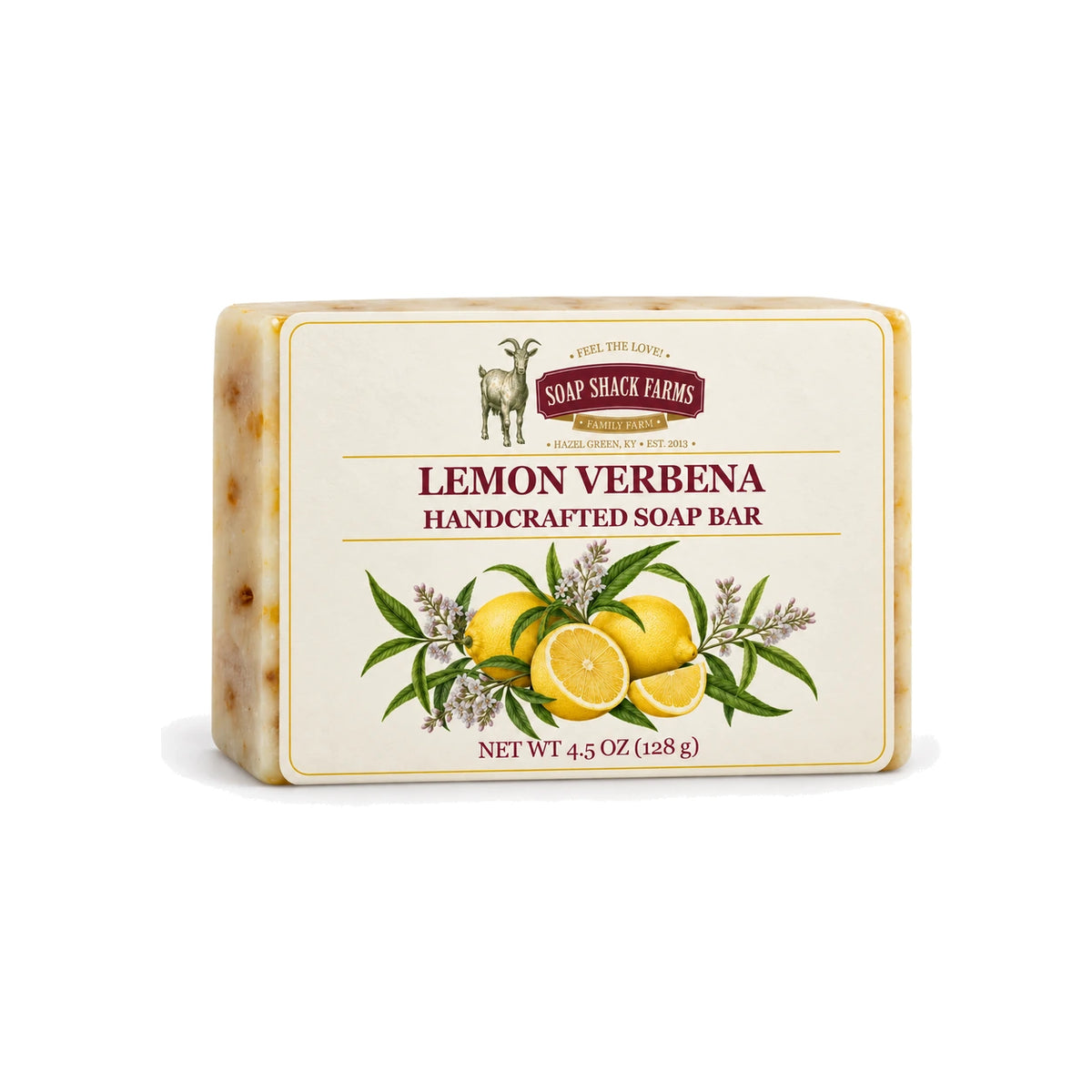 Lemon Verbena handcrafted olive oil soap bar with lemon and verbena botanical label on a white background.