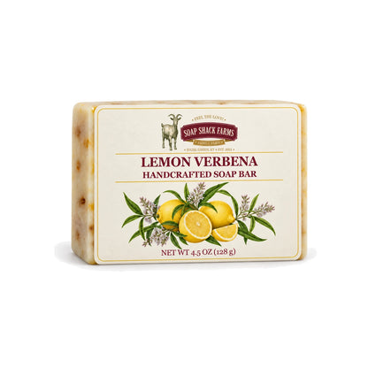 Lemon Verbena handcrafted olive oil soap bar with lemon and verbena botanical label on a white background.