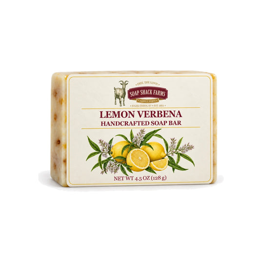Lemon Verbena handcrafted olive oil soap bar with lemon and verbena botanical label on a white background.