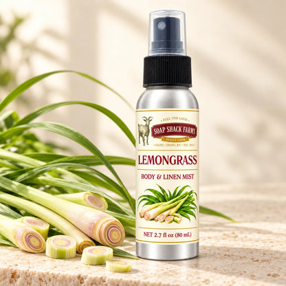 Soap Shack Farms Lemongrass body and linen mist in a warm botanical studio setting.