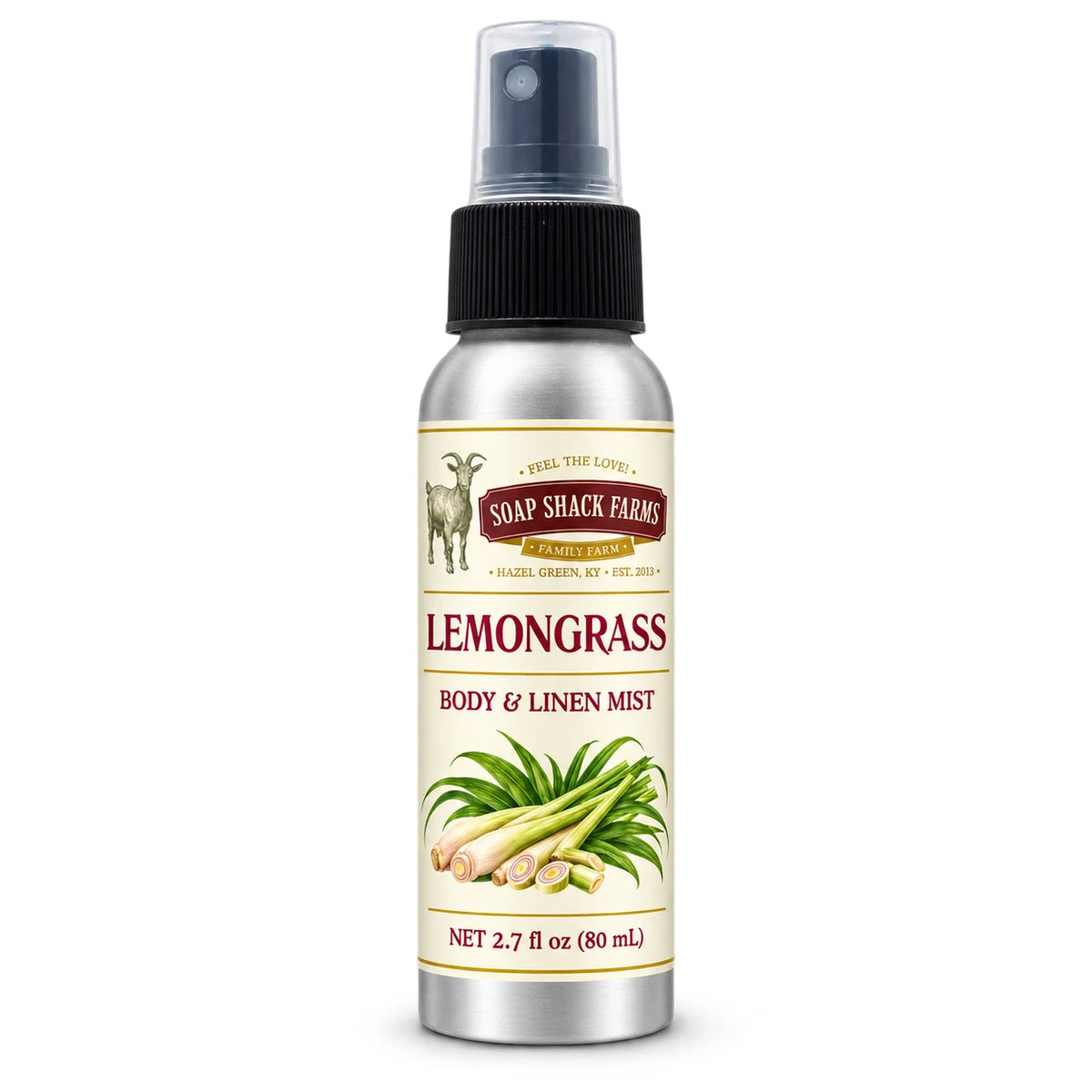 Soap Shack Farms Lemongrass body and linen mist in a silver 80 mL fine-mist bottle on white.