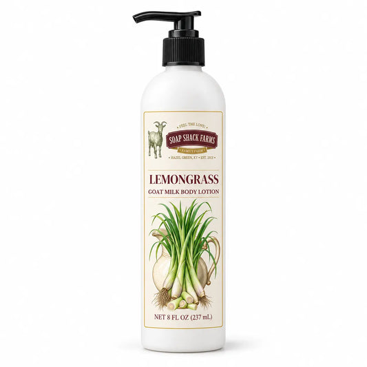 Lemongrass Goat Milk Body Lotion by Soap Shack Farms in an 8 oz pump bottle on a white background