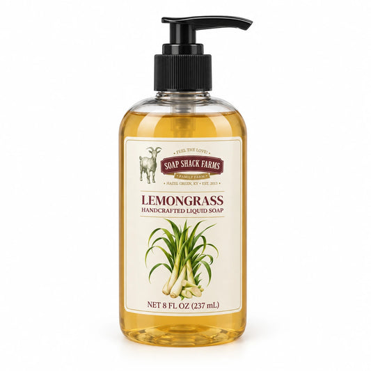 Lemongrass handcrafted liquid soap in a clear 8 oz pump bottle on a white background.
