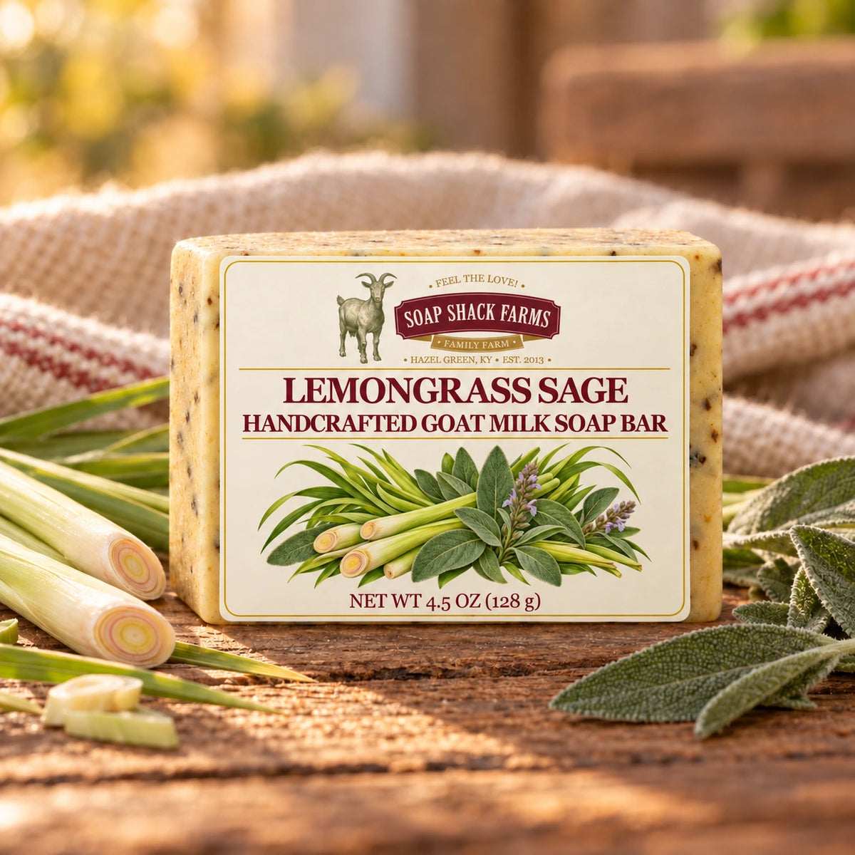 Soap Shack Farms Lemongrass Sage goat milk soap displayed on a warm cream surface with soft linen and botanicals.