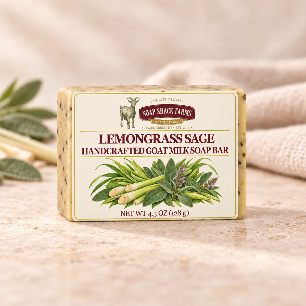 Soap Shack Farms Lemongrass Sage goat milk soap with fresh lemongrass and sage on a sunlit rustic wood table.