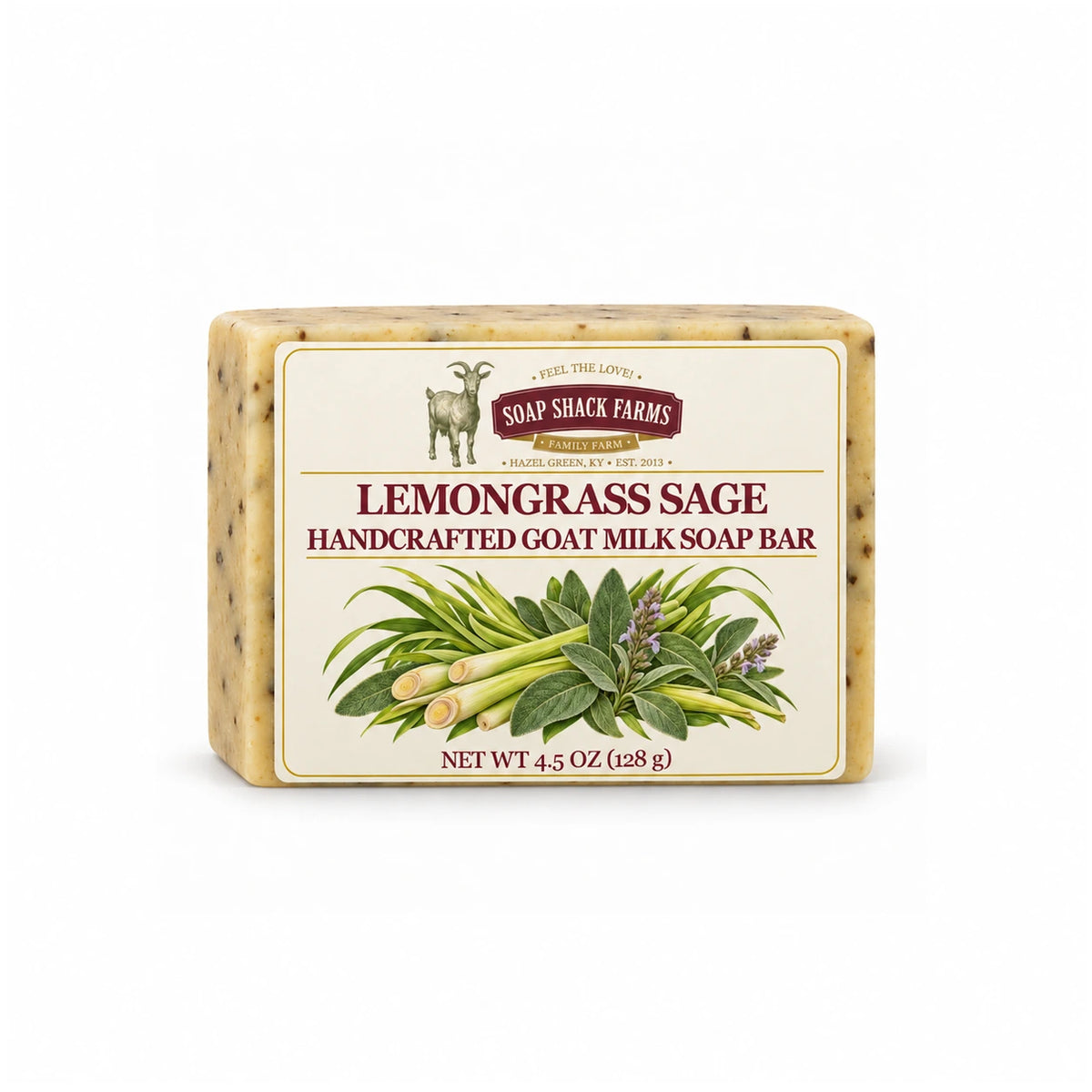 Soap Shack Farms Lemongrass Sage handcrafted goat milk soap bar with botanical label on a clean white background.