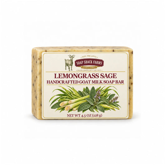 Soap Shack Farms Lemongrass Sage handcrafted goat milk soap bar with botanical label on a clean white background.