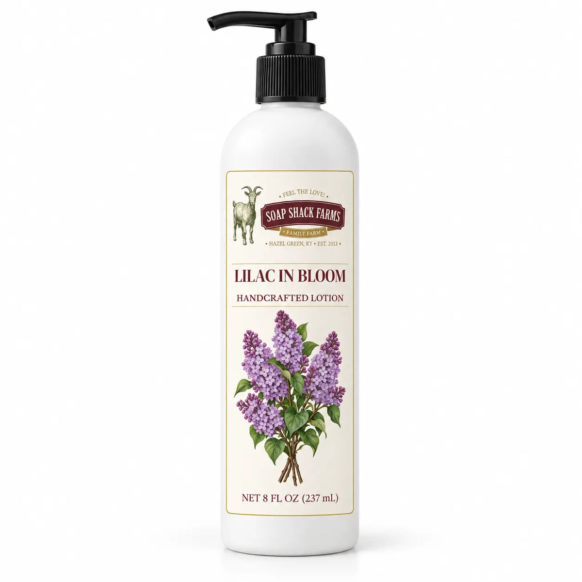 Soap Shack Farms Lilac in Bloom Handcrafted Body Lotion, 8 fl oz white pump bottle on a white background