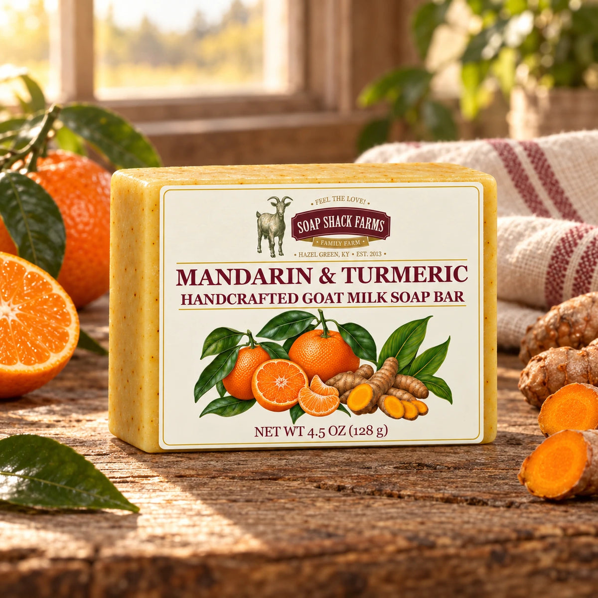 Mandarin & Turmeric goat milk soap bar on rustic wood with mandarins, turmeric roots, and farmhouse linen.